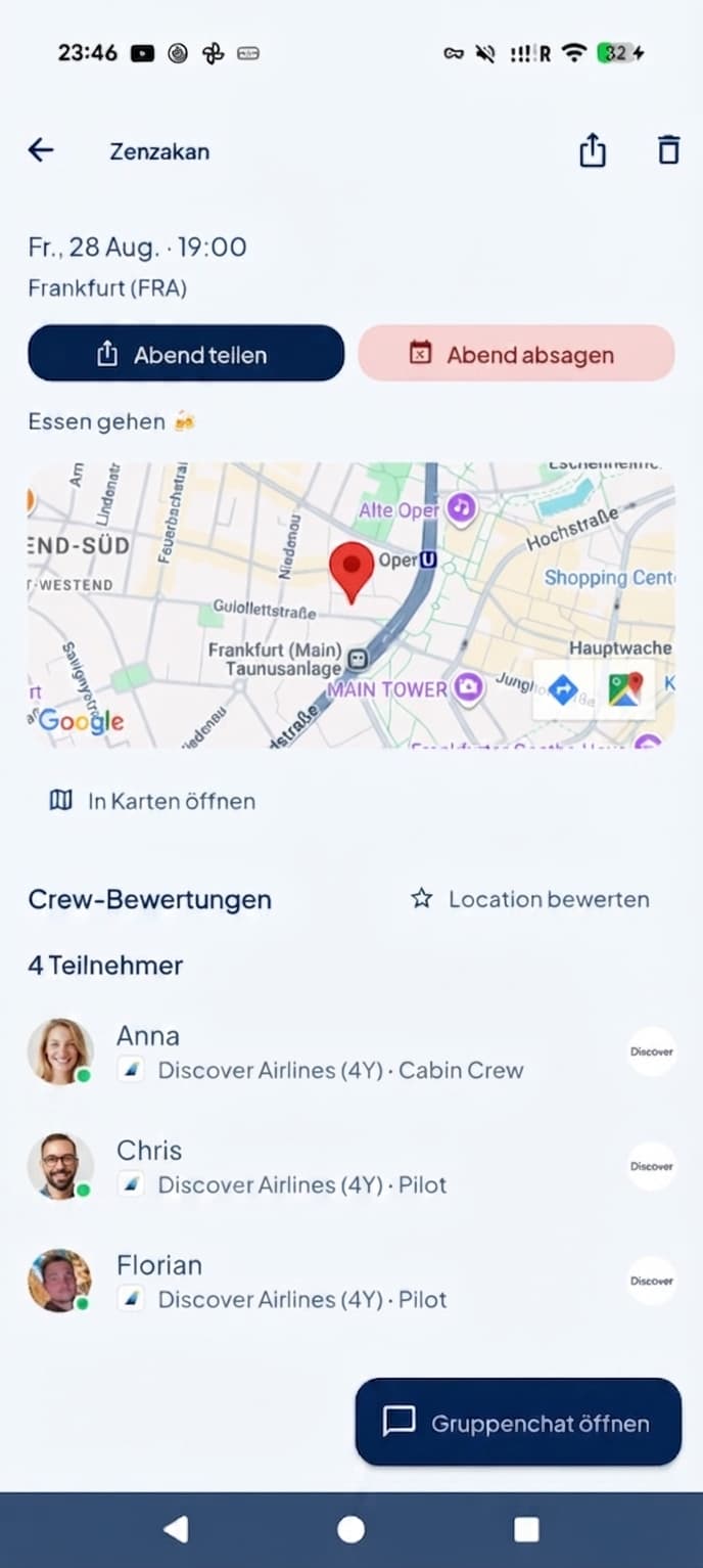 Abendplan im Zenzakan mit Karte und Crew, die zugesagt hat